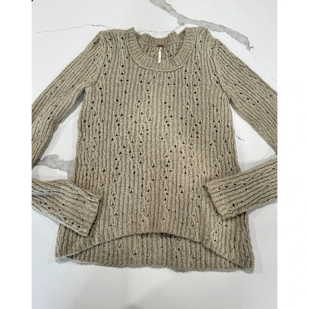 Free People Open Knit Sweater Taupe Pullover Long Sleeve Women's Size S‎